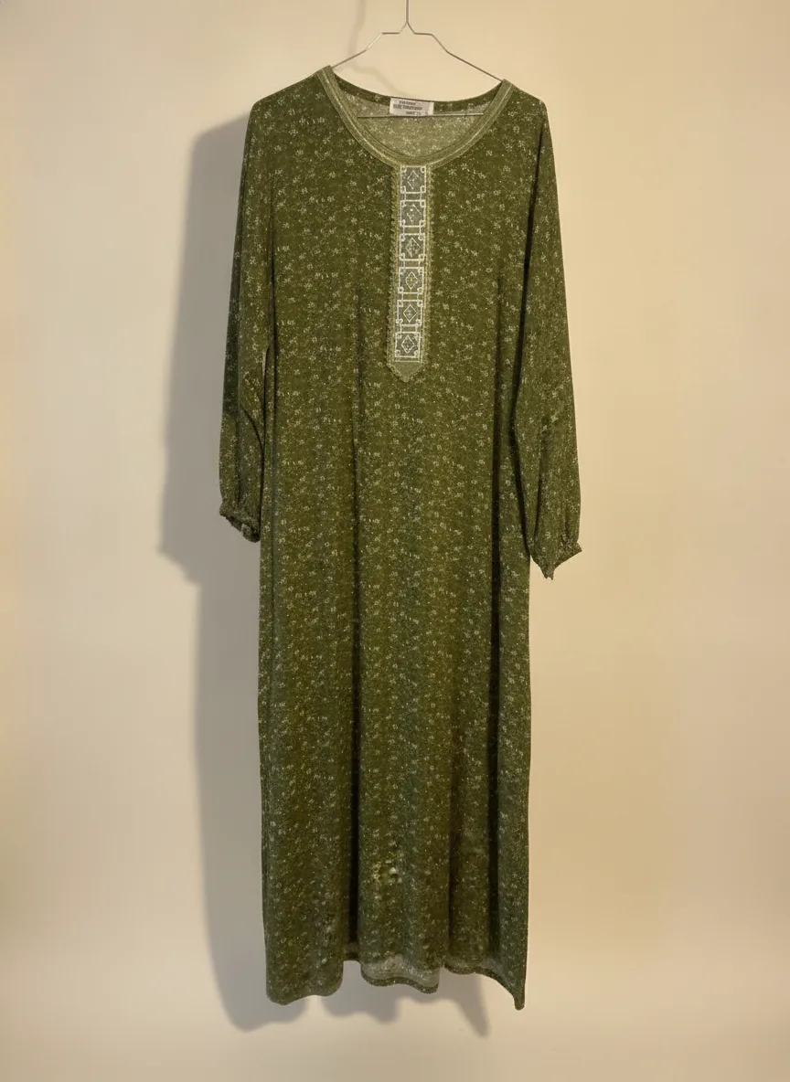 Djellaba vert olive imprimé col brodé — GKDS Étampes